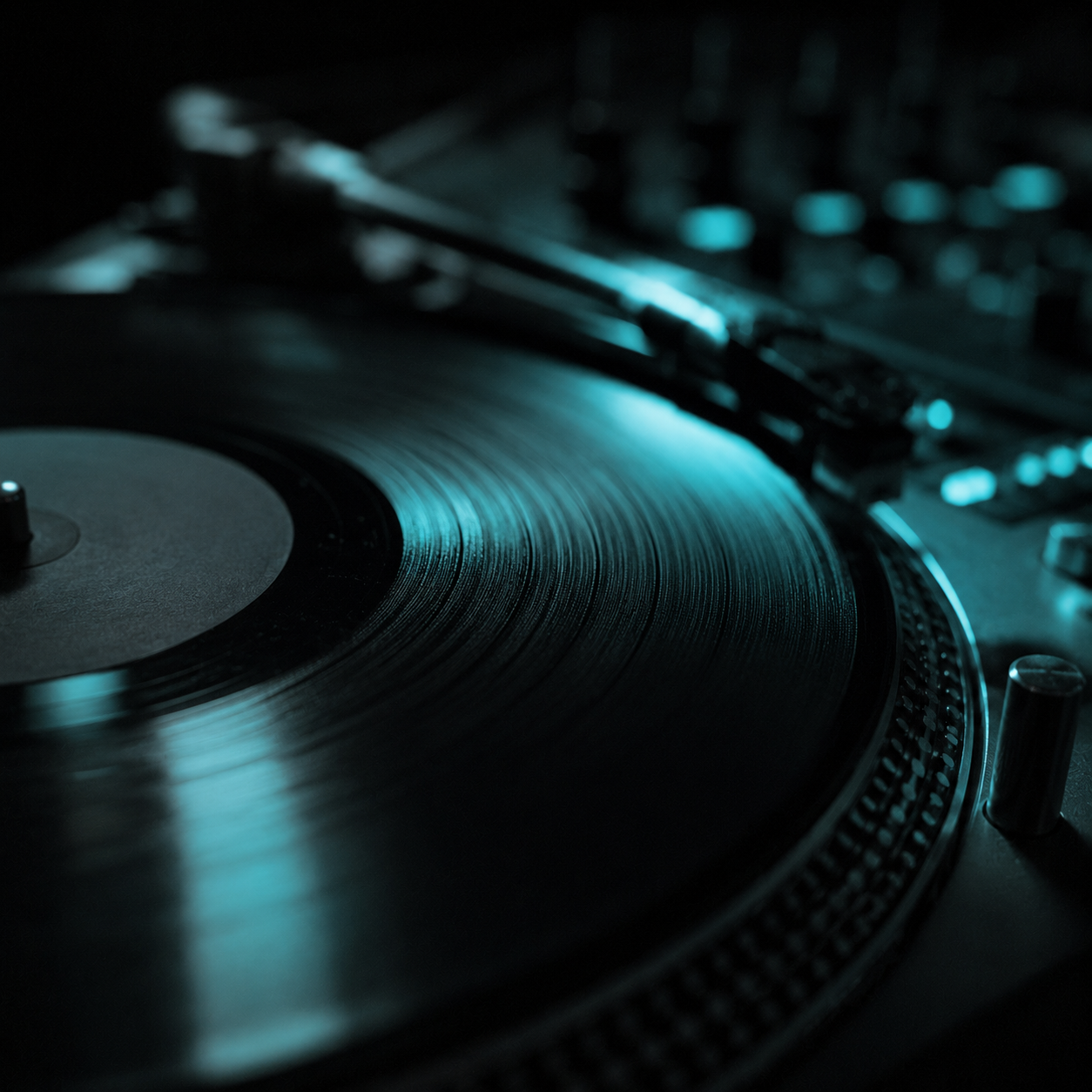 DJ turntable in moody blue lighting