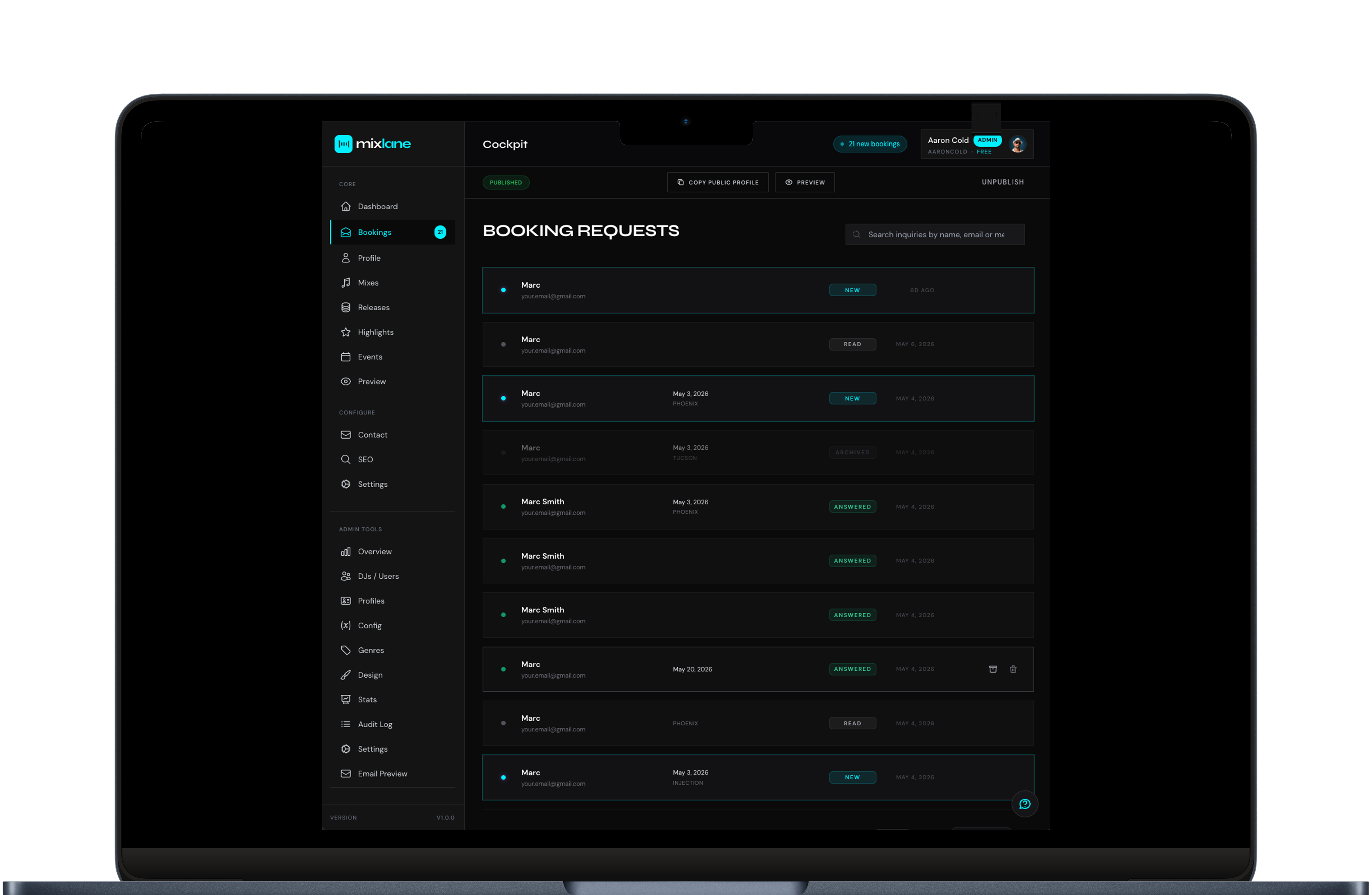 mixlane Booking Inbox & Calendar Preview